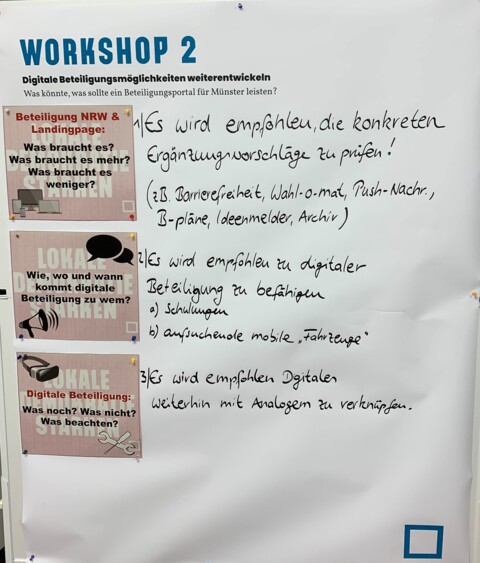 Ergebnisdarstellung der Arbeitsgruppe 2, strukturiert nach 3 Fragen: 
1. Was braucht es? Was braucht es mehr? Was braucht es weniger?
2. Wie, wo und wann kommt digitale Beteiligung zu wem?
3. Was noch? Was nicht? Was beachten?