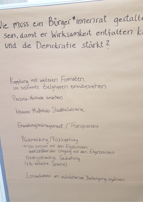 Arbeitswand WS 4 im Stadtforum vom 20.6.2024 zu der Frage: !Wie muss eine Bürger*innenrat gestaltet sein, damit er Wirksamkeit entfalten kann und die Demokratie stärkt? 